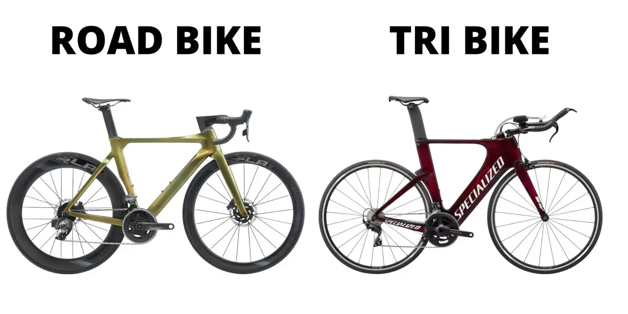 A green tt bike and a red tri bike are shown side-by-side, highlighting their distinct frame designs and handlebars for speed.