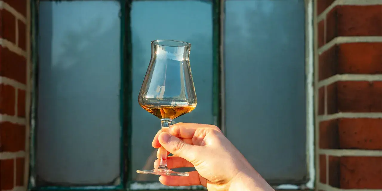 Ein Glas bernsteinfarbener Whisky wird vor einem Fenster gehalten. Der Alkoholgehalt ist bei dieser Verkostung entscheidend.