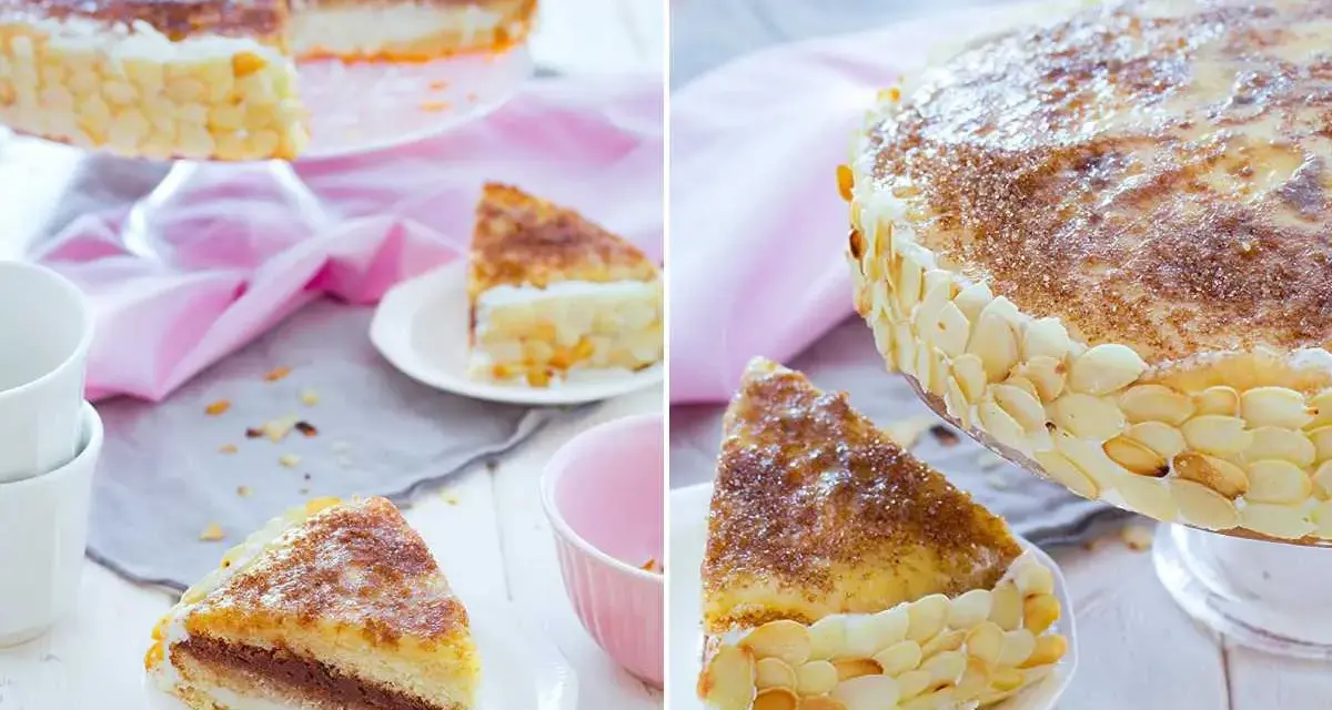 Deliciosa tarta San Marcos con capas de bizcocho, crema y cobertura de almendras tostadas. Un postre perfecto para celebrar.