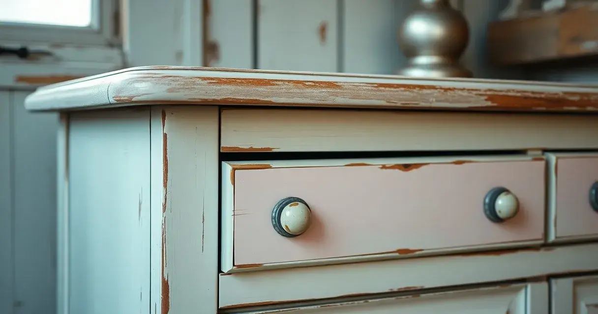 Comò con cassetti rosa e finitura invecchiata, un esempio di pittura shabby fai da te che dona un tocco romantico.
