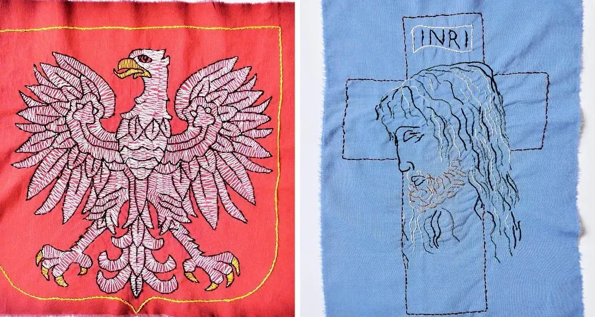 Haftowany orzeł na czerwonym tle i krzyż z napisem INRI oraz twarzą Jezusa na fladze biało niebieskiej.