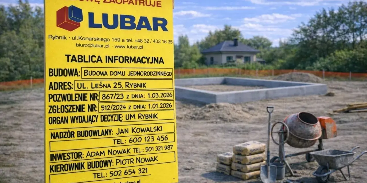 Żółta tablica informacyjna budowy z danymi o inwestycji i logo firmy LUBAR na tle placu budowy.
