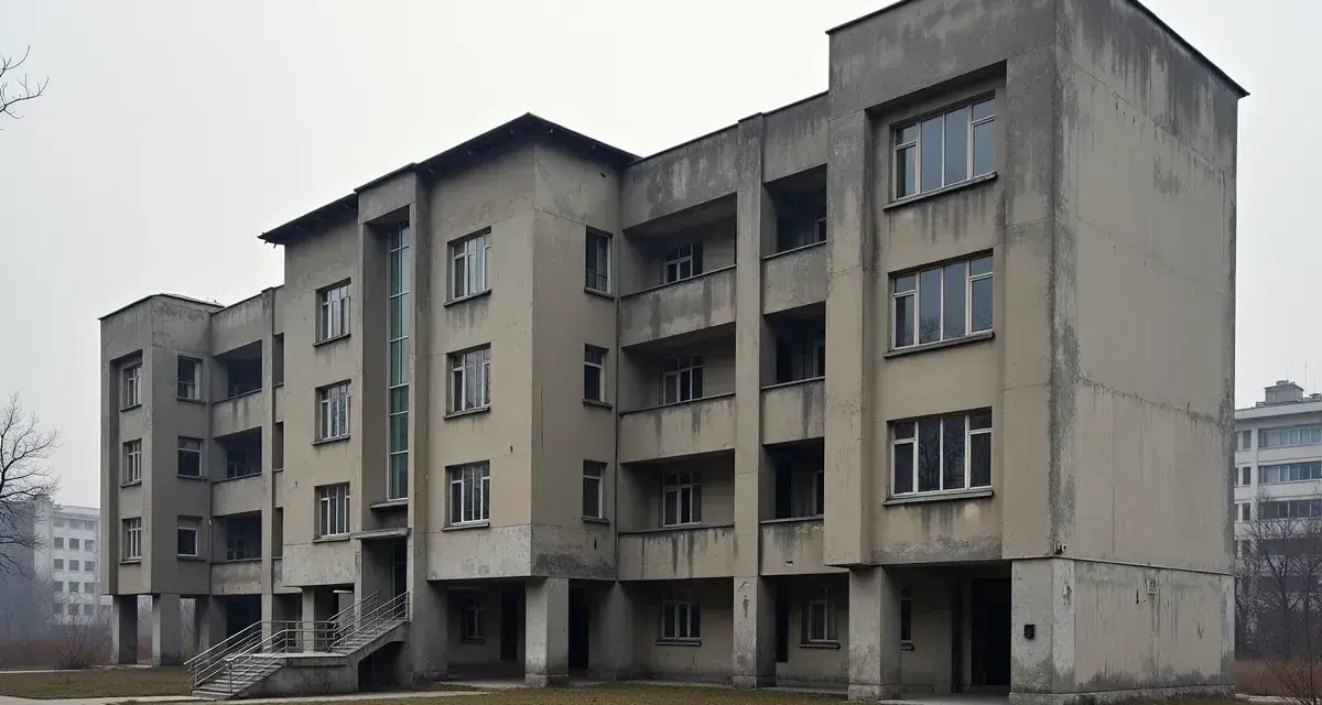 Szary blok mieszkalny z balkonami i dużymi oknami, typowy przykład architektury PRL.