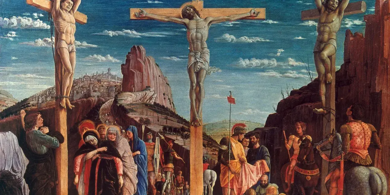Die Kreuzigung Jesu mit zwei Schächern. Die Frage "wann ist Jesus gestorben" wird hier bildlich beantwortet.