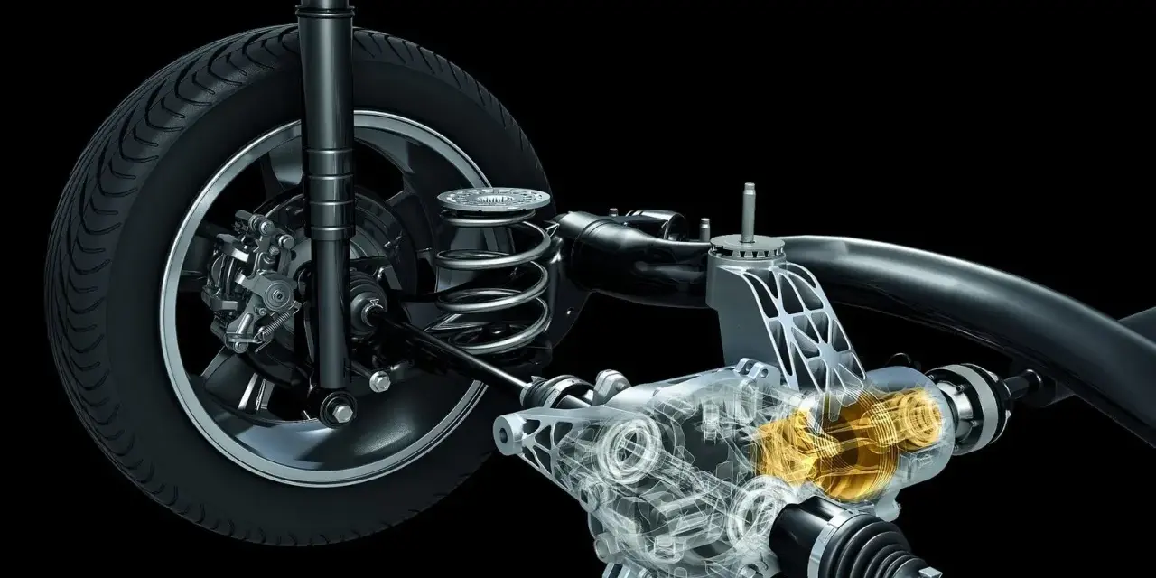 Przekładnia z widocznym mechanizmem napędu 4x4 dołączany automatycznie. Widoczna sprężyna, amortyzator i półosie.
