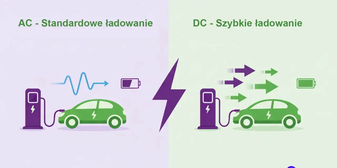 Ilustracja porównuje ładowanie samochodu elektrycznego: standardowe AC z wolniejszym przepływem energii i szybkie DC z wieloma strzałkami energii.