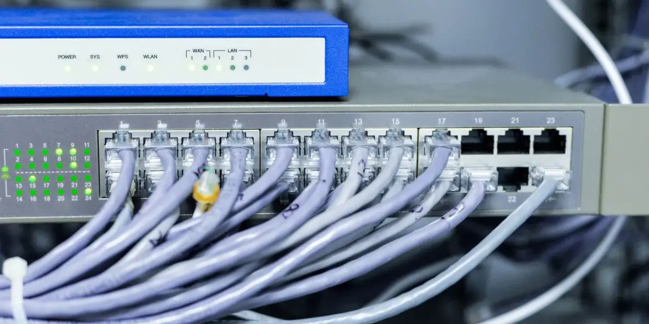 Sieć komputerowa z wieloma kablami Ethernet podłączonymi do switcha. Może to być podstawa do ubiegania się o rekompensatę za światłowód.