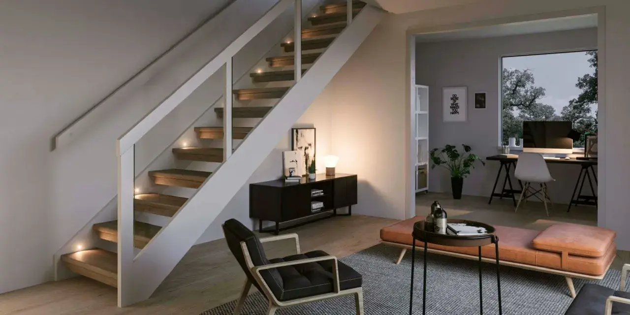 Vacker belysning trappa med integrerade spotlights som skapar en varm och inbjudande atmosfär. En modern inredning med stilrena möbler.