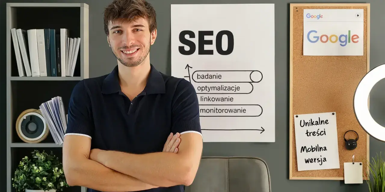 Uśmiechnięty mężczyzna z rękami skrzyżowanymi na piersi, obok tablicy z hasłem "SEO" i schematem. W tle półka z książkami i tablica korkowa z logo Google. Nie ma tu nic o **przewianym uchu**.