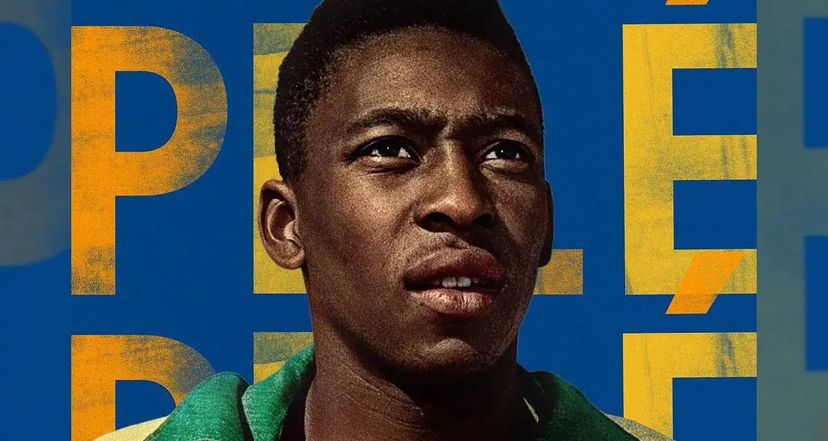 Portret młodego Pelé na tle wielkich, żółtych liter. Ile złotych piłek ma Pelé? Tyle, ile zdobył tytułów mistrza świata!