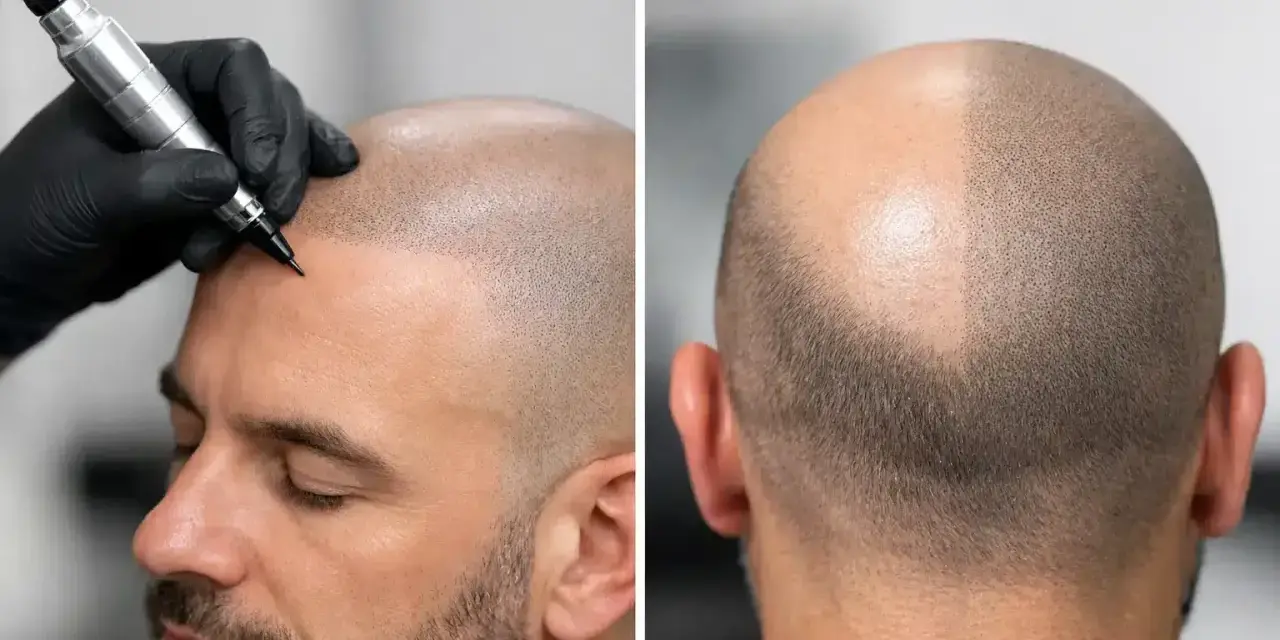 Un hombre recibe micropigmentación capilar para simular cabello. La imagen muestra el proceso y el resultado parcial.