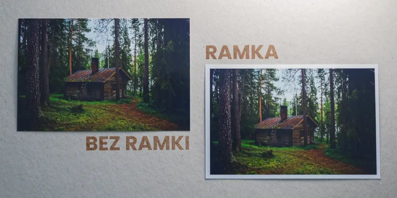Dwa zdjęcia leśnej chatki: jedno bez ramki, drugie w formacie 13x18 z ramką.