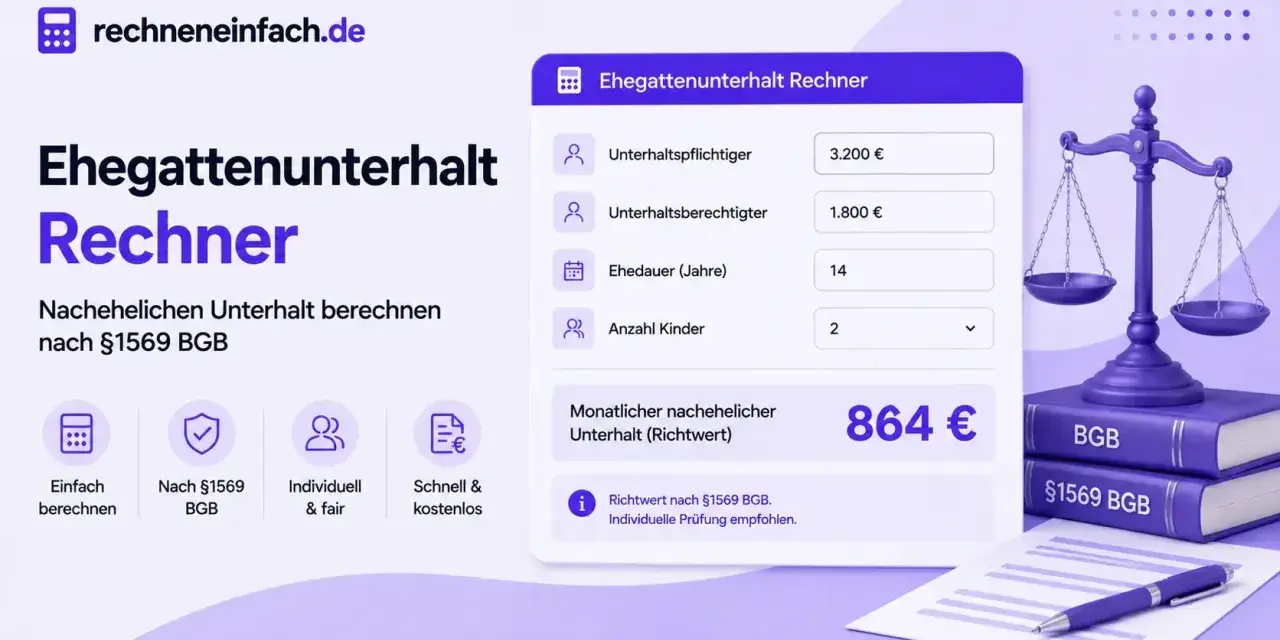 Ehegattenunterhalt Rechner: So berechnen Sie den nachehelichen Unterhalt nach §1569 BGB einfach und fair. Der Richtwert wird angezeigt.