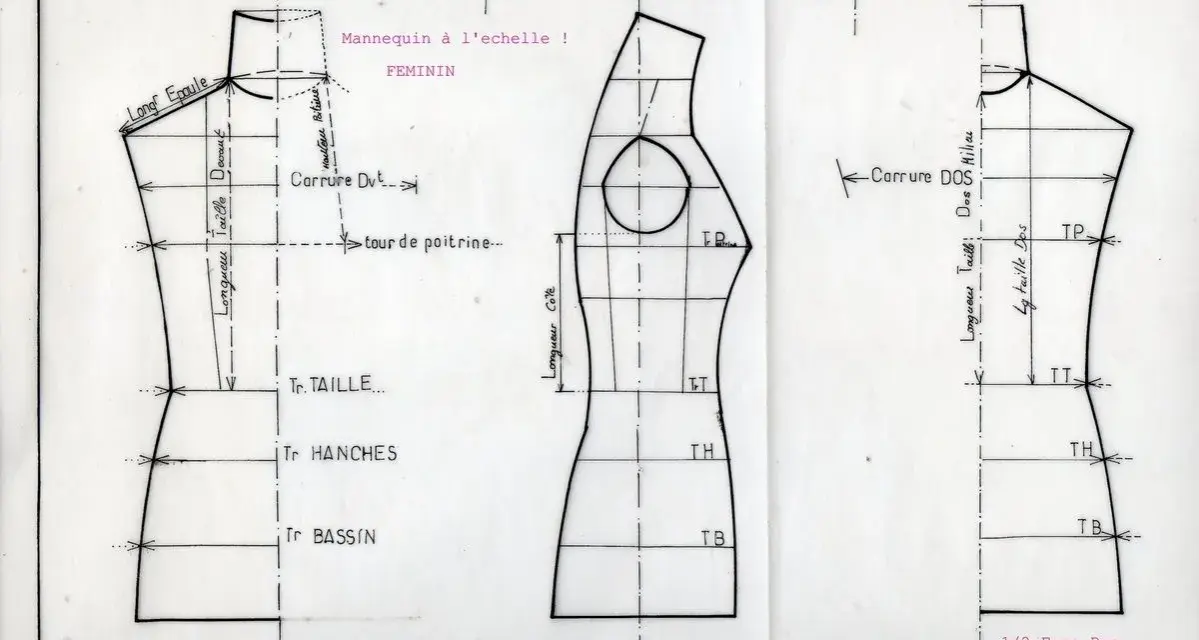 Dessin technique de mannequins de couture, avant et dos, avec mesures et annotations.