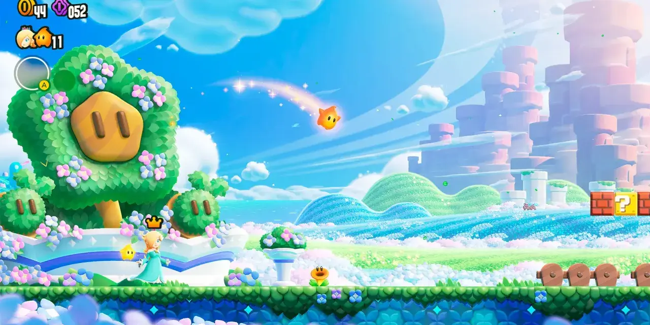 Rosalina explora un mundo especial de Mario Wonder, con un árbol con cara de cerdo, flores y un cielo vibrante.