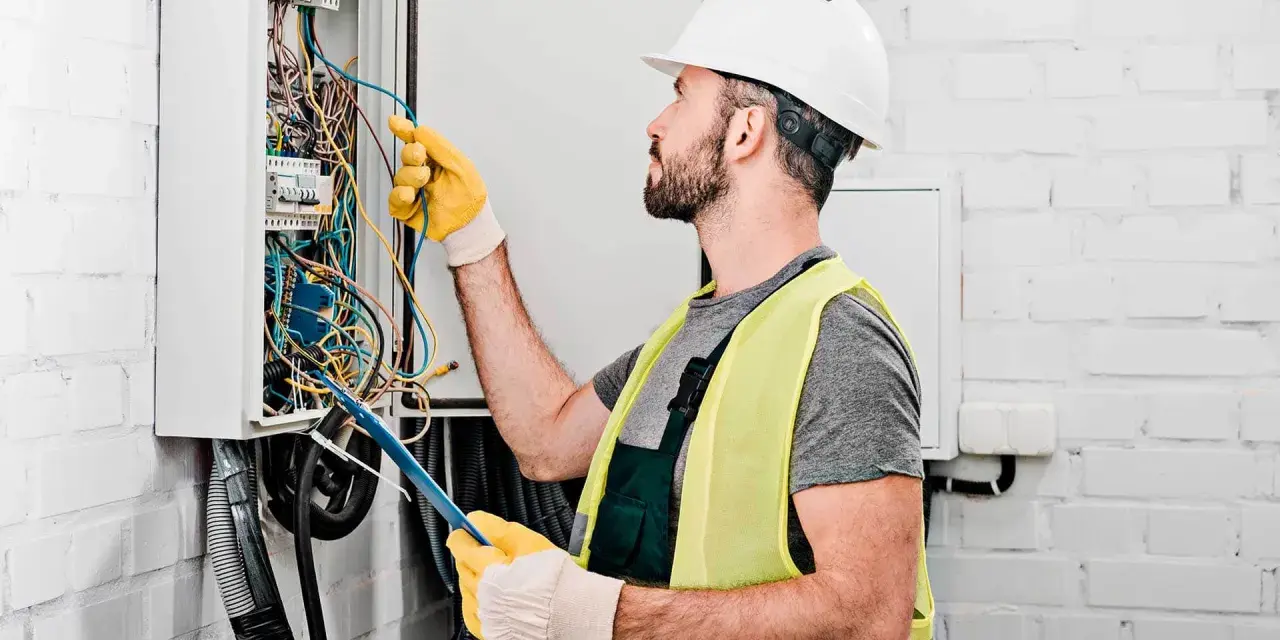 Elektryk w kasku i kamizelce odblaskowej pracuje przy skrzynce z przewodami. Sprawdź nasz cennik usług elektrycznych!