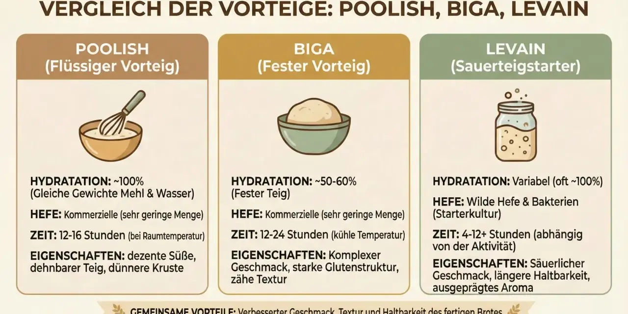 Vergleich von Vorteigen: Poolish, Biga (fester Teig) und Levain. Biga ist ein fester Teig mit ca. 50-60% Hydratation.