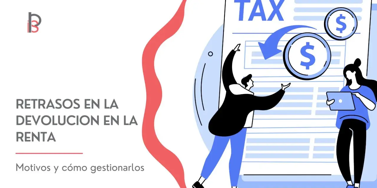 Ilustración de personas gestionando retrasos en la devolución de la renta, con un documento de TAX y monedas de dólar.