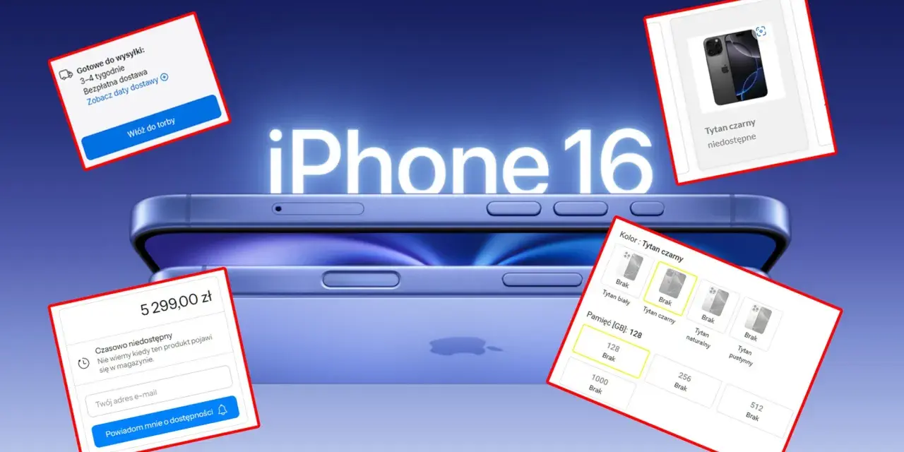 Nowy iPhone 16 w kolorze tytan czarny, z informacjami o cenie i dostępności.