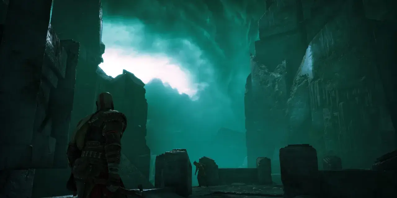 Kratos se adentra en Helheim, el reino de los muertos de God of War, bajo un cielo verde espectral.