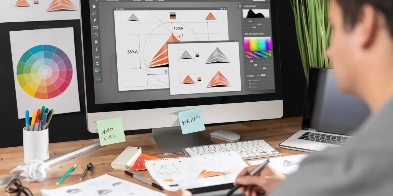 Diseñador gráfico trabajando en un logo, con paleta de colores y bocetos. Imágenes libres de derecho de autor.