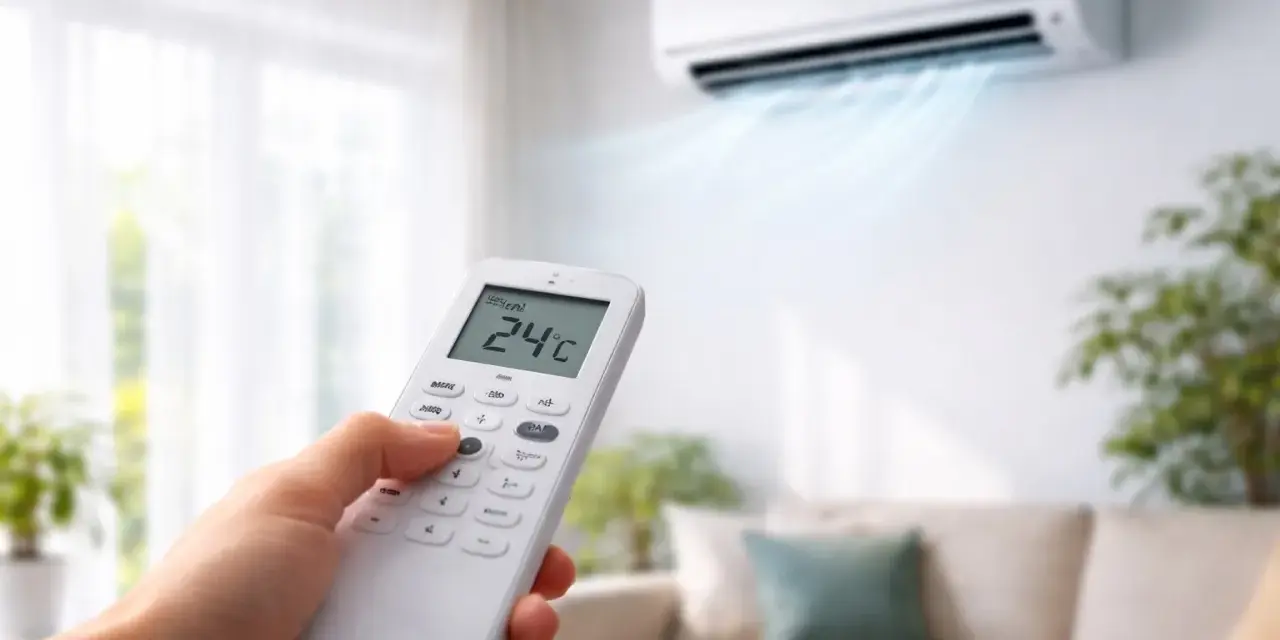 Main tenant utilise la télécommande pour le réglage clim, affichant 24°C. L'air frais sort du climatiseur.