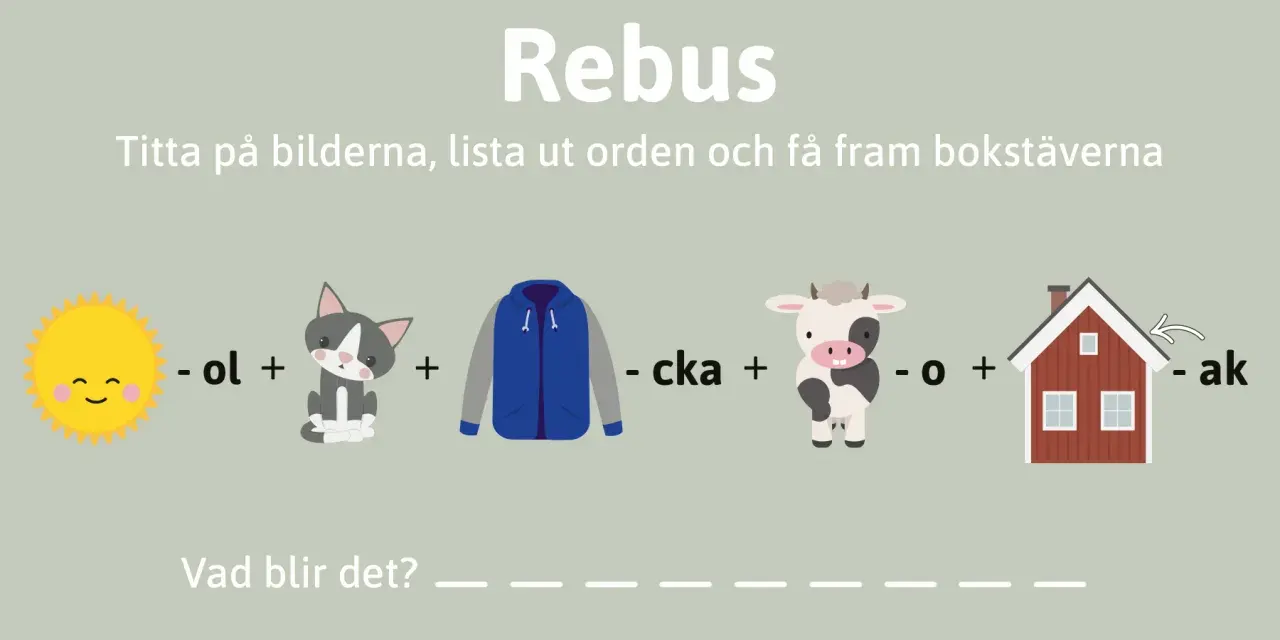 Rebus puzzle with images of a sun, cat, jacket, cow, and house, with text and symbols.