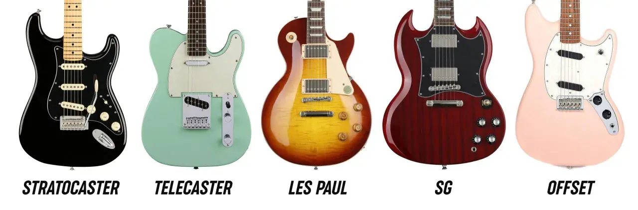 Pięć gitar: Stratocaster, Telecaster, Les Paul, SG i Offset. Idealne modele do druku 3D dla każdego fana muzyki.