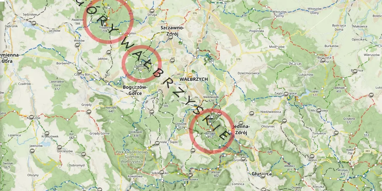 Góry Wałbrzyskie szlaki: mapa z zaznaczonymi trasami pieszymi i rowerowymi, w tym w okolicach Boguszowa-Gorc i Jedliny-Zdroju.