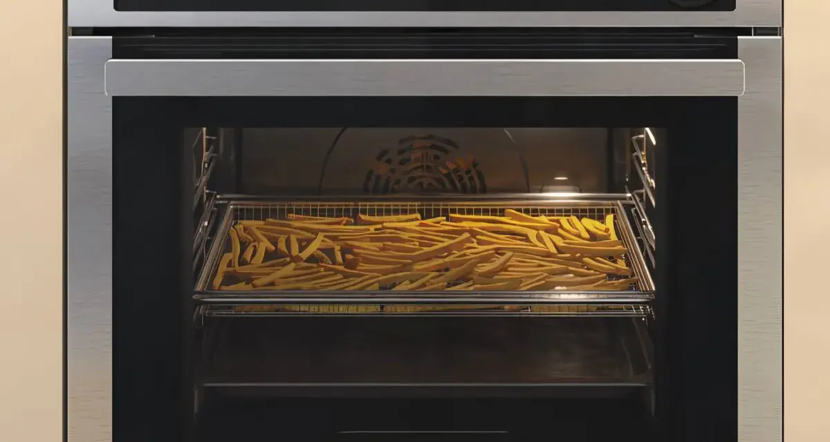 Horno con una bandeja llena de patatas fritas en su interior.