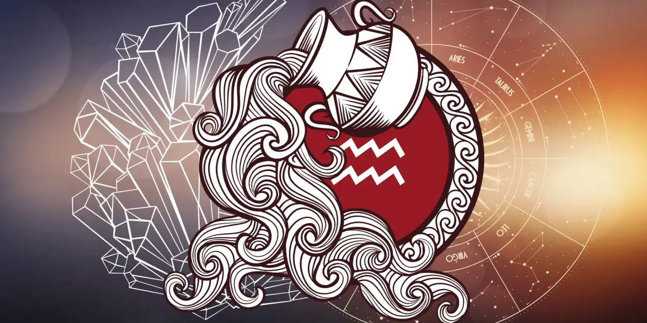 Symbol Wodnika, czyli jaki to znak zodiaku, w otoczeniu kryształów i koła zodiaku.