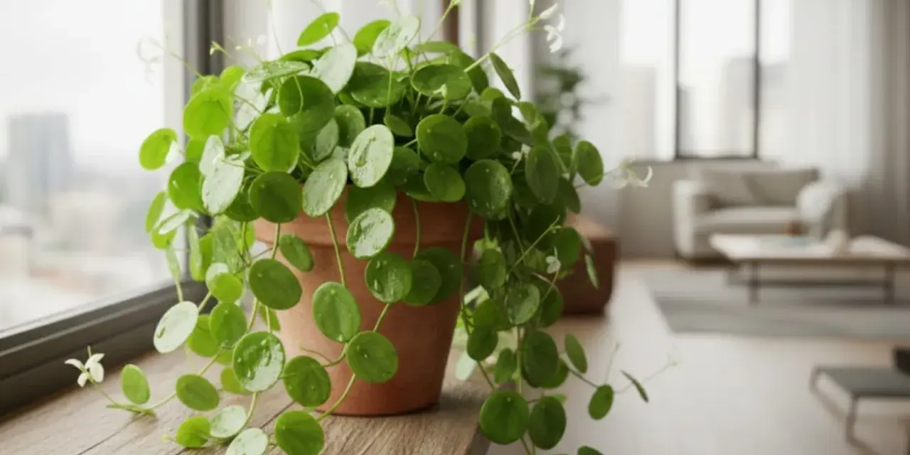 Planta del dinero en maceta de terracota, ideal para colocar cerca de una ventana luminosa. Sus hojas redondas y verdes aportan vida al hogar.