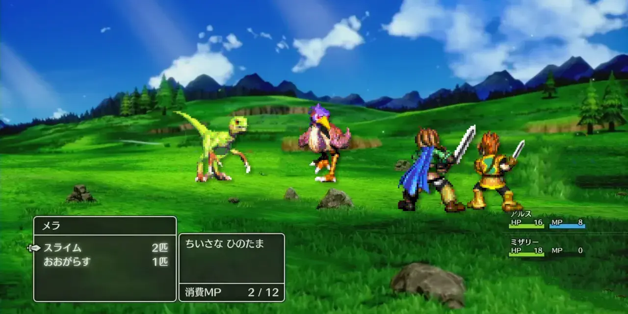 Combate en un campo verde, un dinosaurio y un pájaro contra dos guerreros. Un **golden sun remake** con estilo retro.