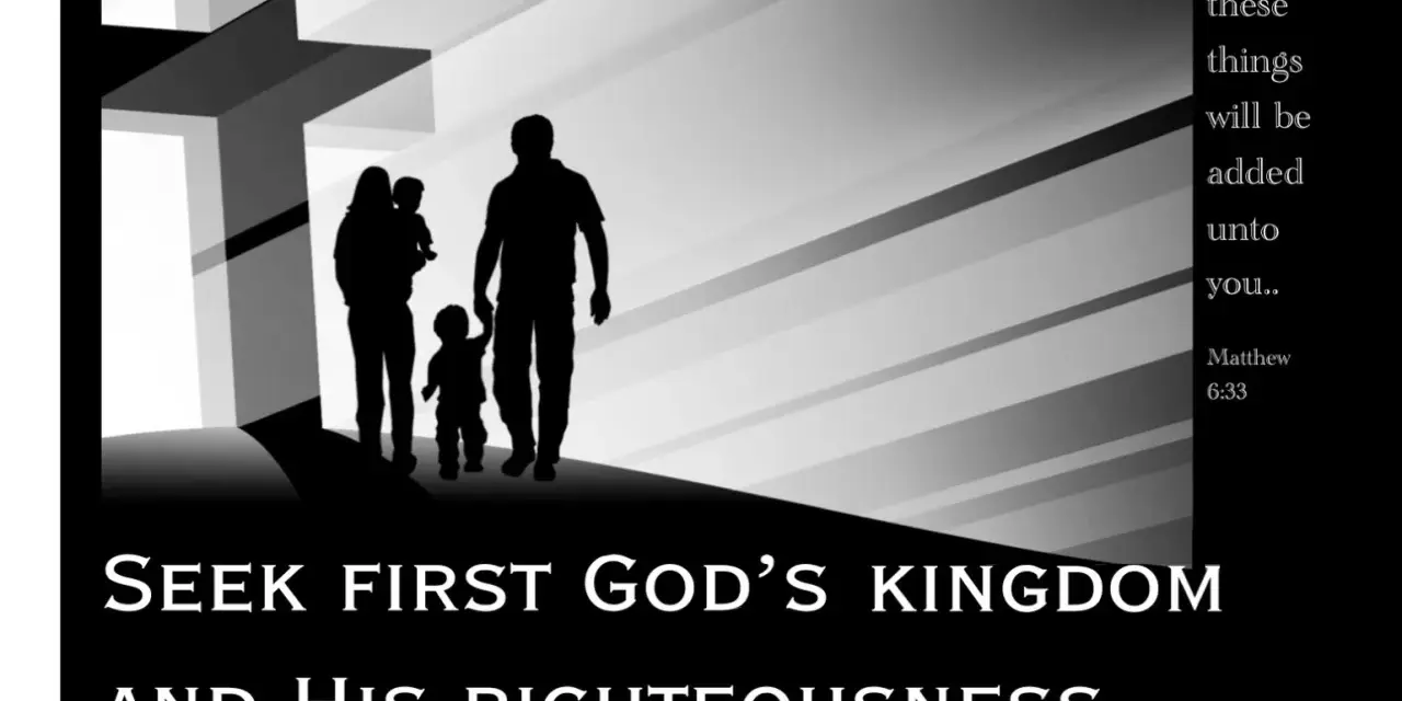 A family walks towards a glowing cross, symbolizing their commitment to seek first the kingdom of God.