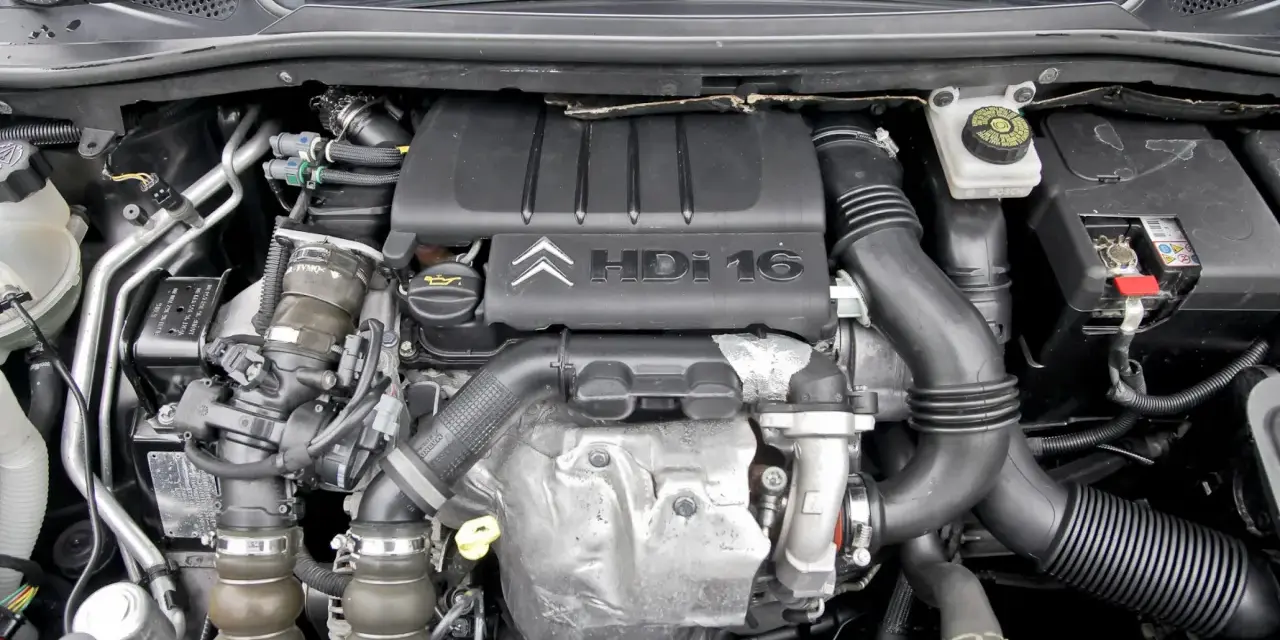 Silnik Citroen 1.6 HDi 16V z widocznymi elementami układu dolotowego i osprzętu.