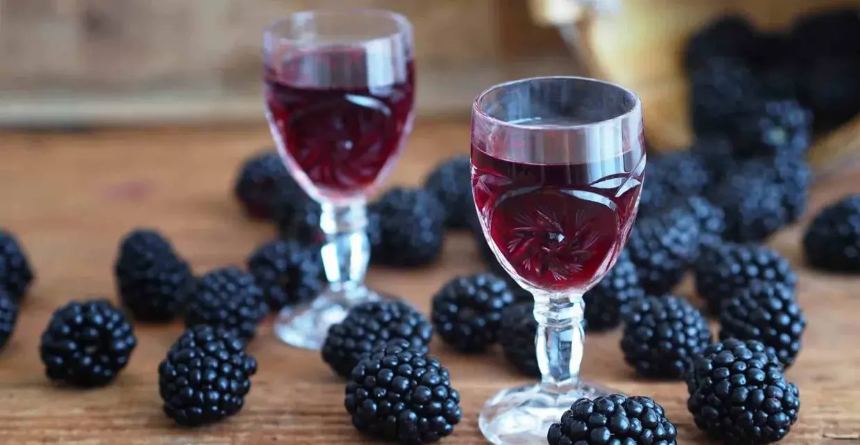 Dwa kieliszki z rubinową nalewką z jerzyn, otoczone świeżymi owocami na drewnianym blacie.
