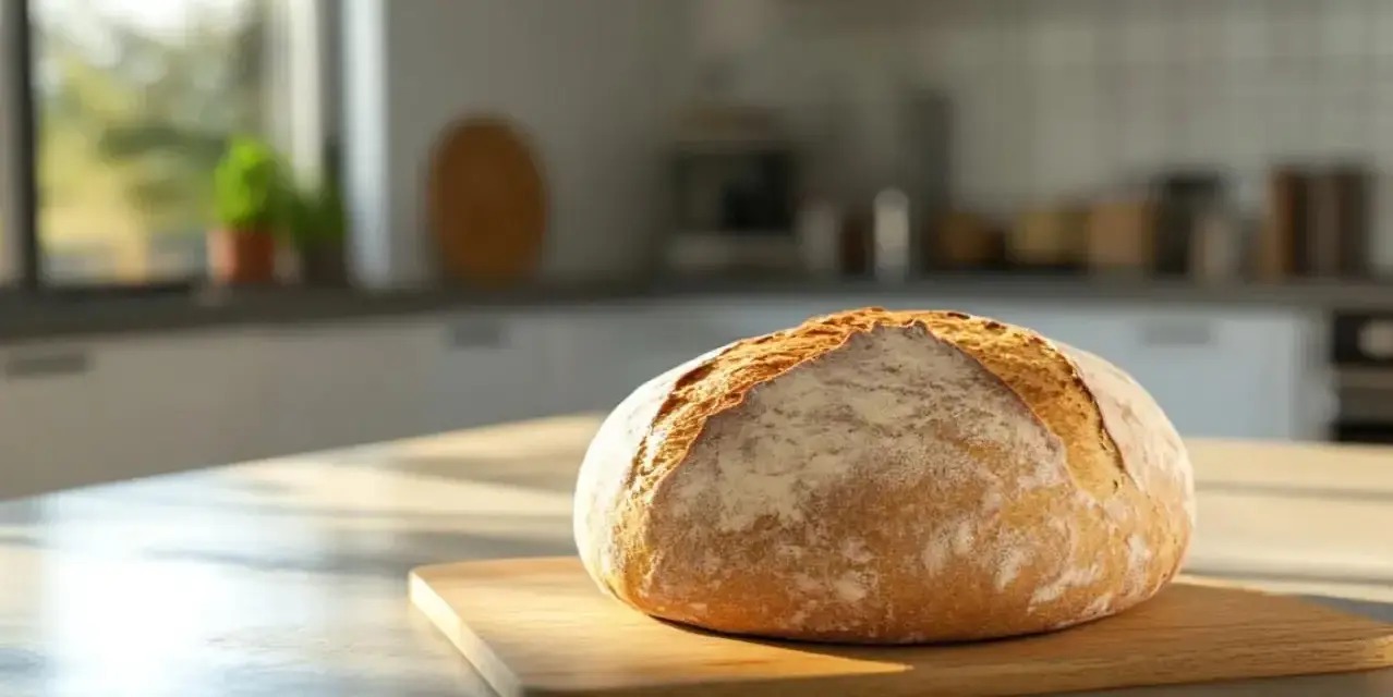 Ein frisch gebackenes Brot liegt auf einem Holzbrett. Der Teig ging perfekt auf, ein Beweis, dass der Sauerteig diesmal stimmte.