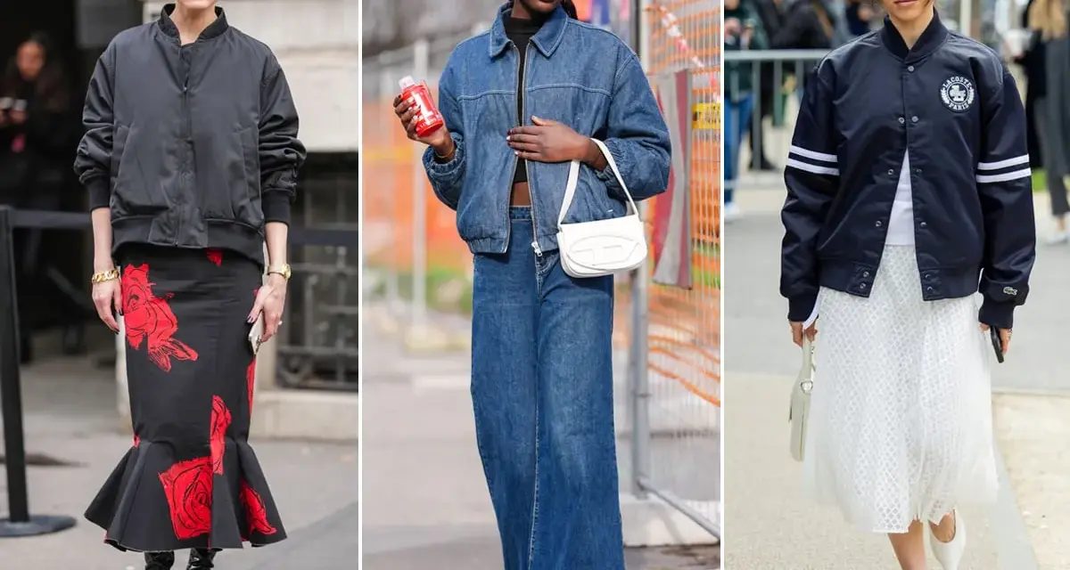 Tre donne sfoggiano un outfit bomber: una con gonna a fiori, una in total denim, l'altra con gonna bianca.