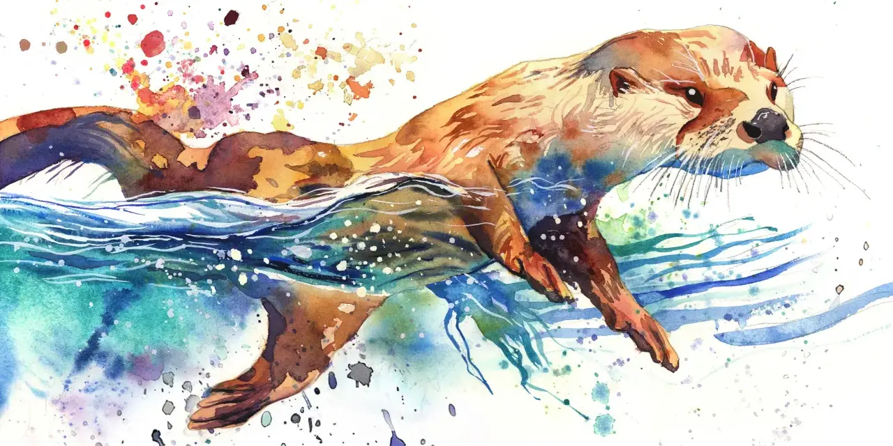 Un dessin à l'aquarelle d'une loutre nageant joyeusement dans des eaux bleues et vertes, avec des éclaboussures de couleurs vives.