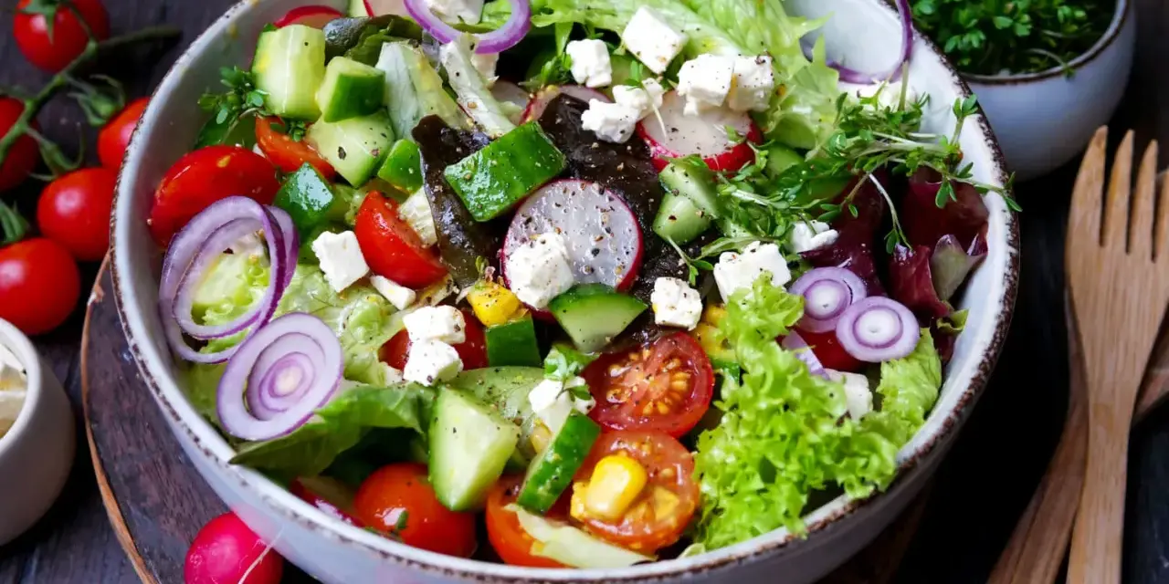 Ein bunter gemischter Salat mit Tomaten, Gurken, Radieschen, Zwiebeln und Feta.