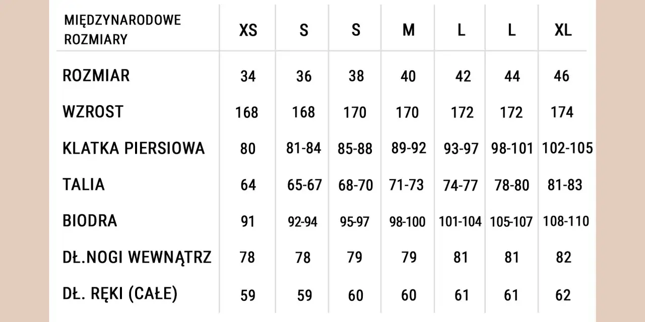 Tabela rozmiarów: wzrost 170 cm odpowiada rozmiarowi M (40), obwód klatki 89-92 cm, talii 71-73 cm, bioder 98-100 cm.