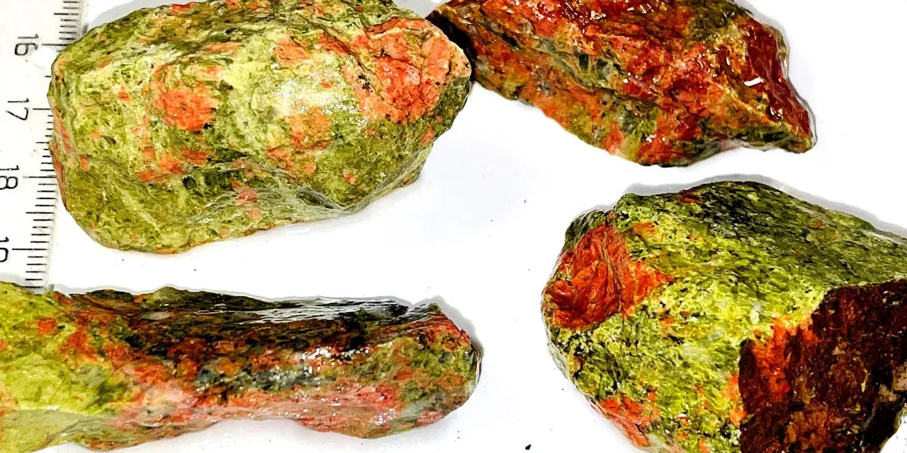 Quattro pezzi grezzi di unakite, con le loro vibranti sfumature verdi e rosse, mostrano le loro proprietà naturali.