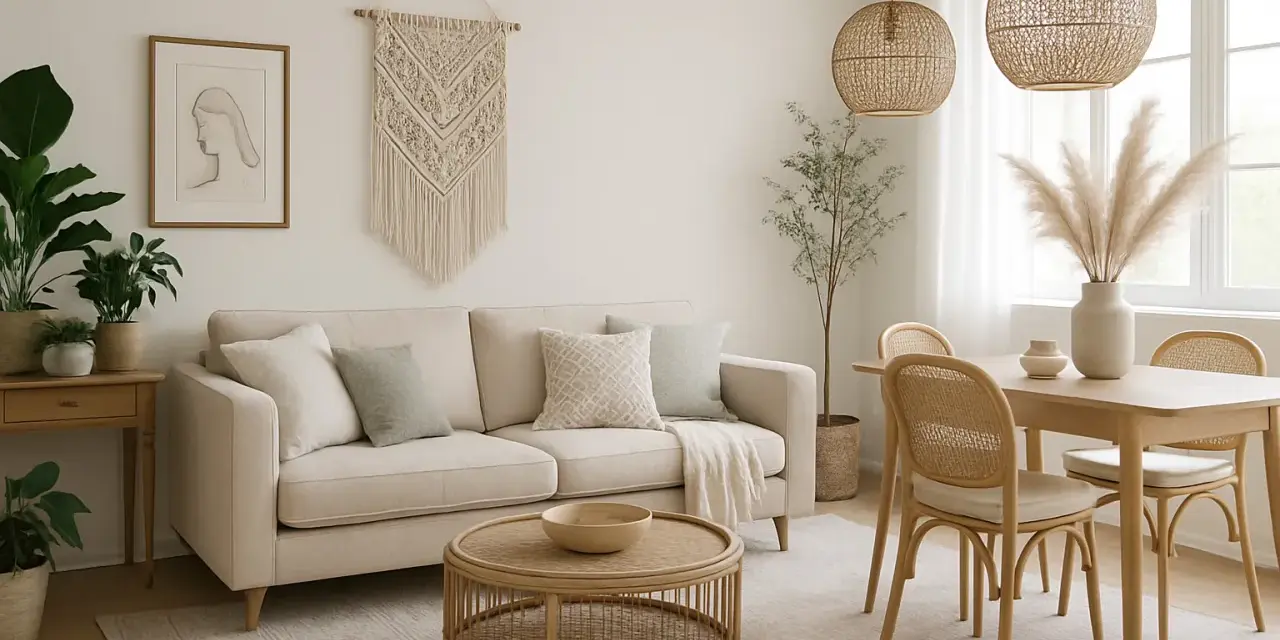 Salón con sofá beige, mesa de centro de ratán y mesa de comedor con sillas de mimbre. Decoración estilo boho con macramé y plantas.