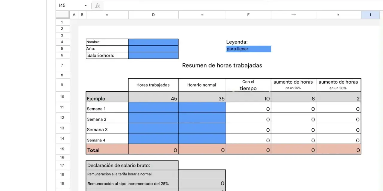 Hoja de cálculo para calcular el pago de horas extras, mostrando horas trabajadas, horario normal y aumentos.