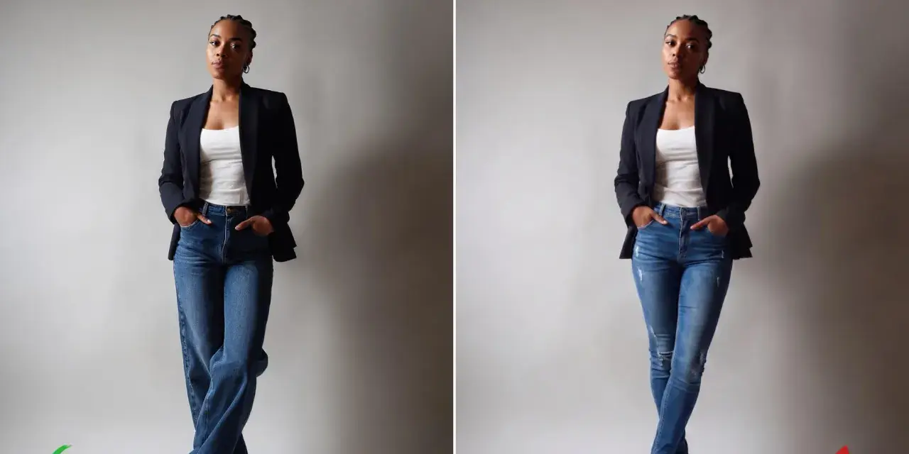 Mujer con blazer y jeans. La pose de la izquierda, con pantalones anchos cruzados, ayuda a disimular caderas y muslos. La de la derecha, con pitillos, no.