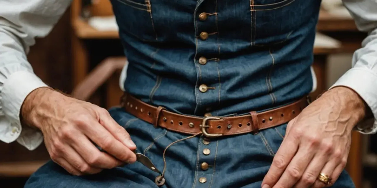 Mężczyzna w białej koszuli i kamizelce z denimu, z brązowym paskiem, szyje przy użyciu igły i nici. Materiał kamizelki to wytrzymały twill.