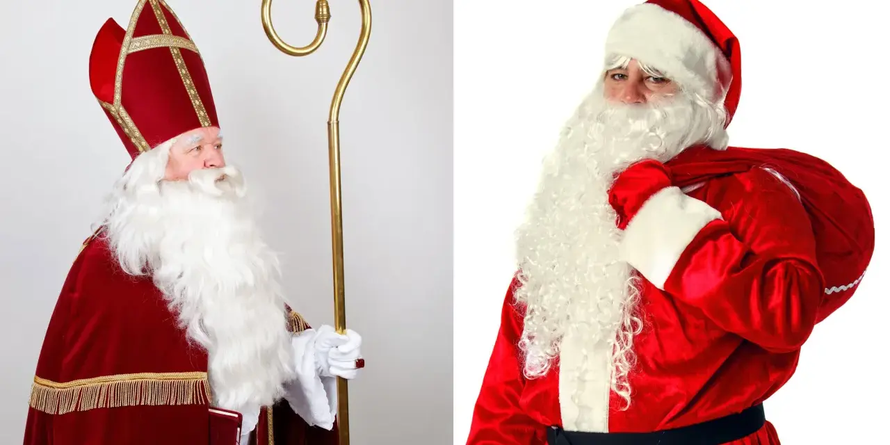Links: Bischof Nikolaus mit Mitra und Stab. Rechts: Weihnachtsmann mit Bart und Sack. So sieht der Nikolaus aus, aber auch der Weihnachtsmann!