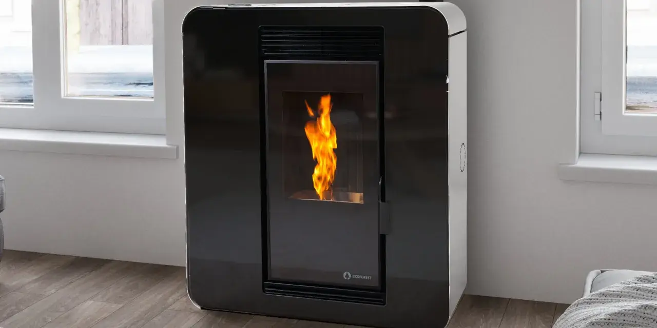 Estufa de pellet sin salida de humos, con llama viva y diseño moderno, ideal para calentar tu hogar de forma eficiente y segura.
