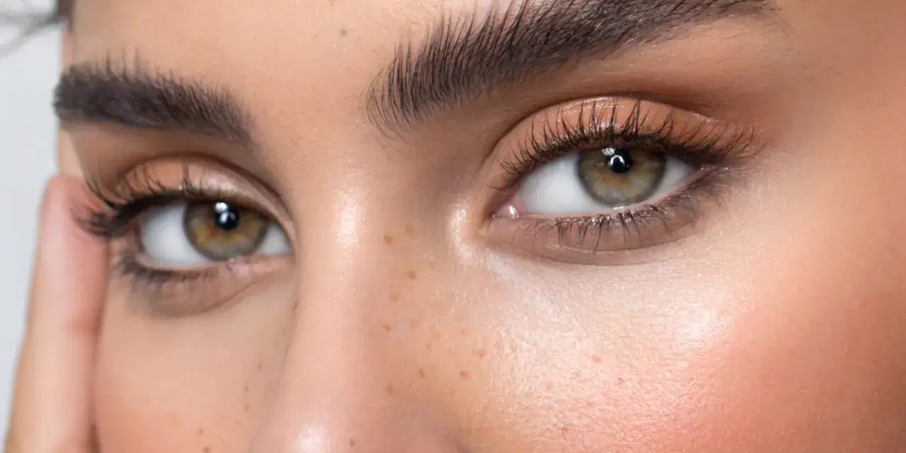 Ojos con pestañas largas y cejas oscuras, resultado de un perfecto teñir cejas. Piel con pecas y rubor rosado.