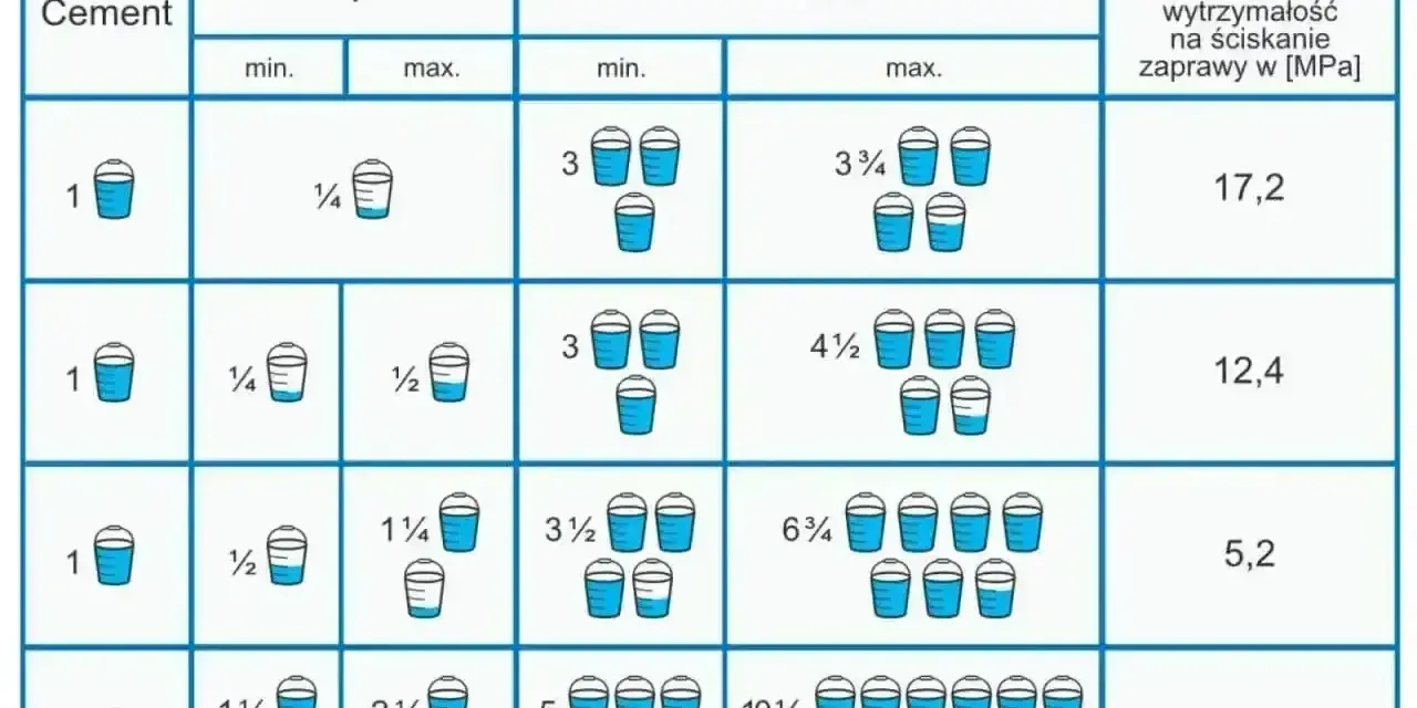 Tabela z proporcjami zaprawy murarskiej: cement, wapno, piasek w wiadrach. Różne proporcje dają różną wytrzymałość zaprawy.